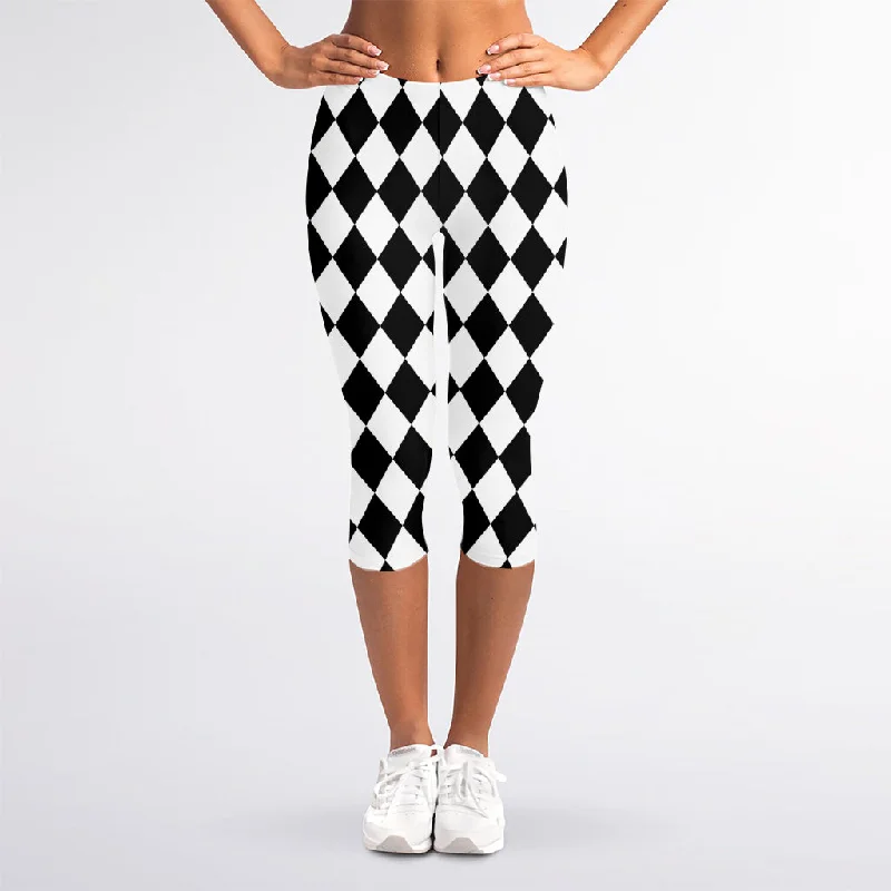 Black And White Harlequin Pattern Print Women's Capri Leggings