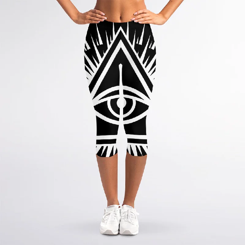 Black And White Illuminati Print Women's Capri Leggings