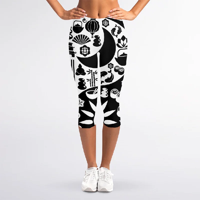 Black And White Japanese Yin Yang Print Women's Capri Leggings