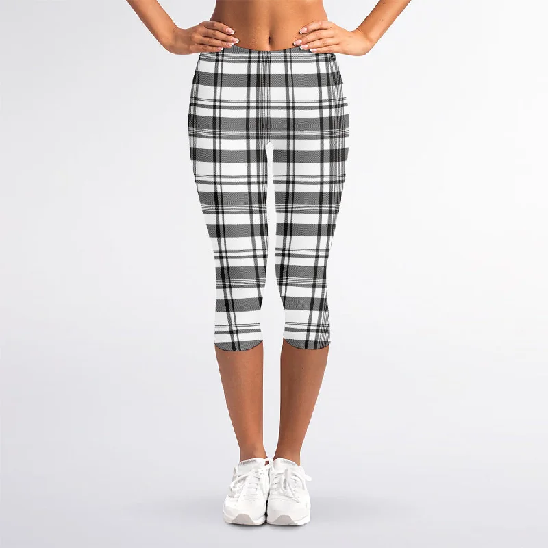 Black And White Madras Pattern Print Women's Capri Leggings