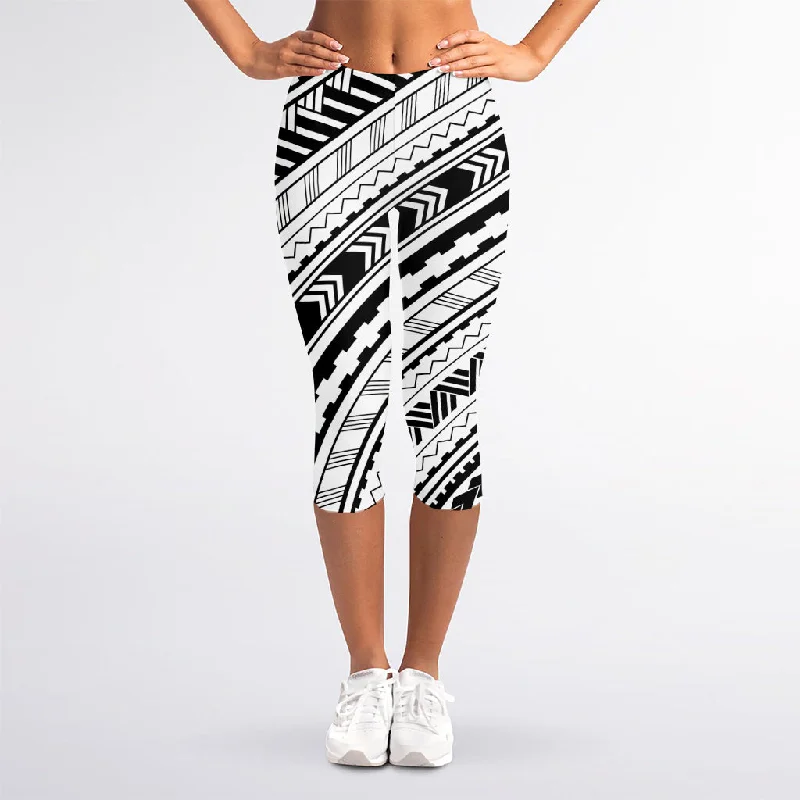 Black And White Maori Polynesian Print Women's Capri Leggings