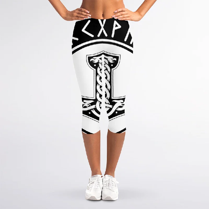 Black And White Mjolnir Print Women's Capri Leggings