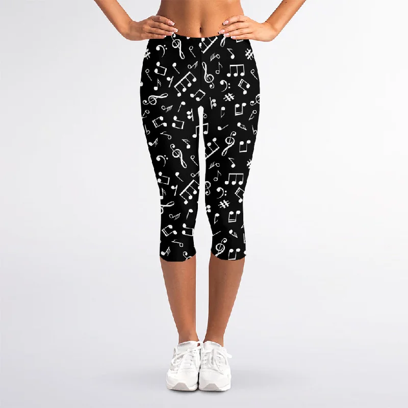 Black And White Music Note Pattern Print Women's Capri Leggings