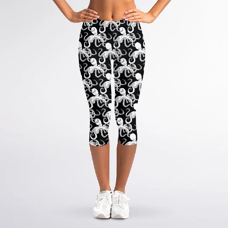 Black And White Octopus Pattern Print Women's Capri Leggings