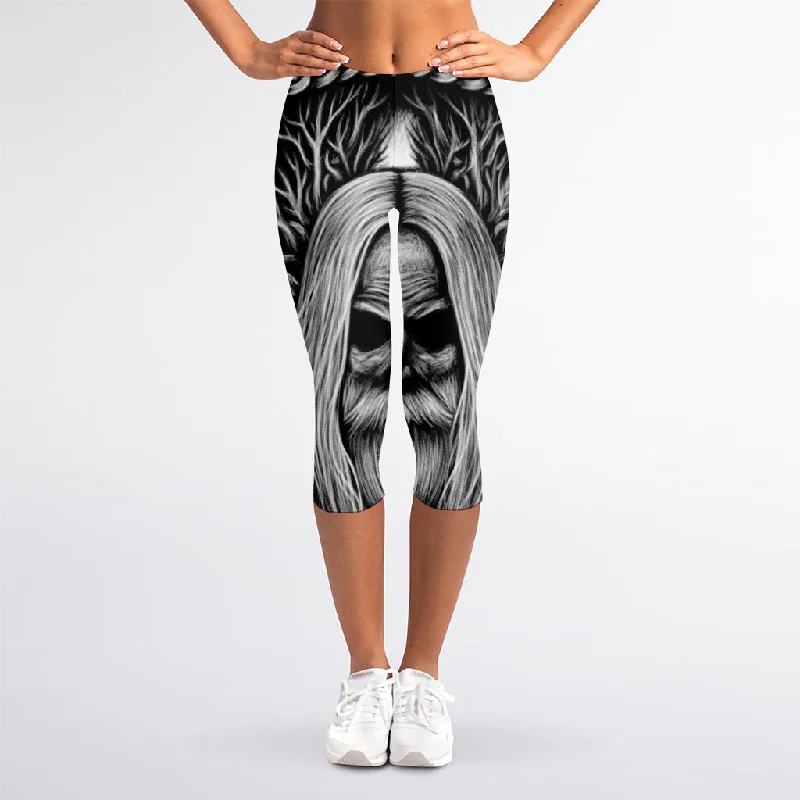 Black And White Odin With Crows Print Women's Capri Leggings