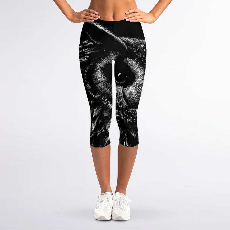 Black And White Owl Print Women's Capri Leggings