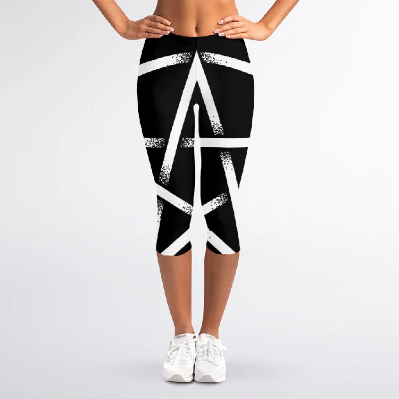 Black And White Pentagram Symbol Print Women's Capri Leggings