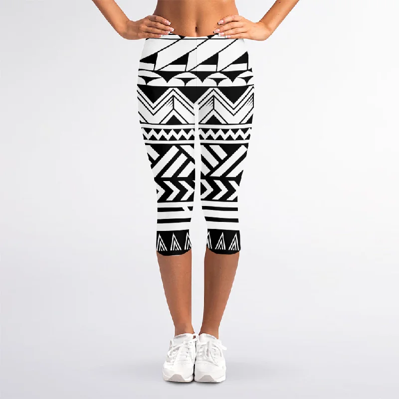 Black And White Polynesian Pattern Print Women's Capri Leggings