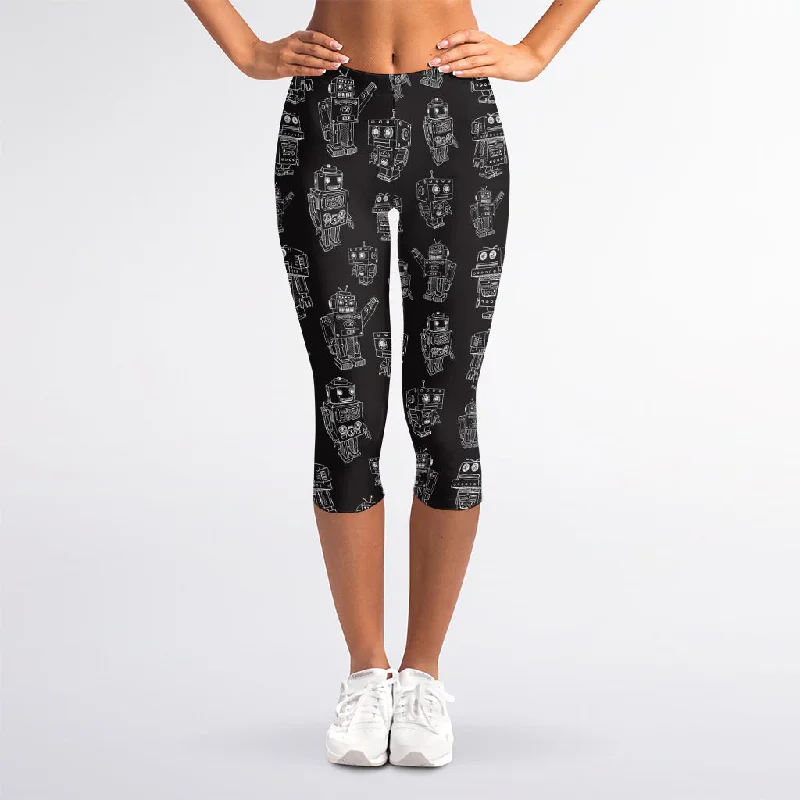 Black And White Robot Pattern Print Women's Capri Leggings