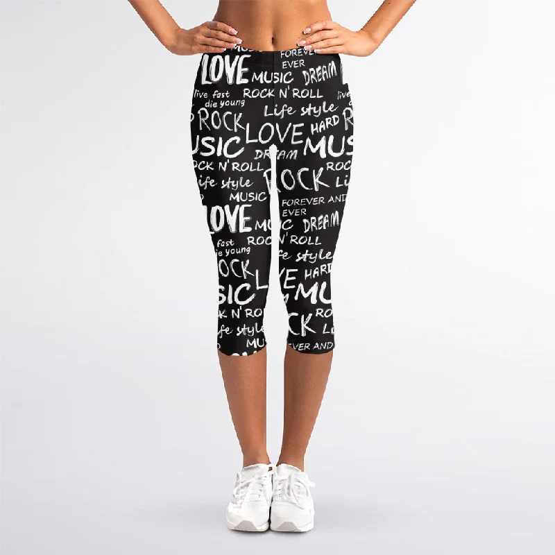 Black And White Rock And Roll Print Women's Capri Leggings