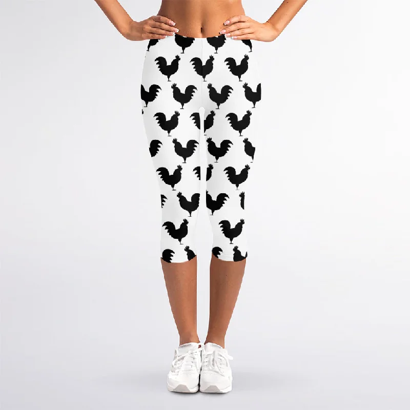 Black And White Rooster Pattern Print Women's Capri Leggings