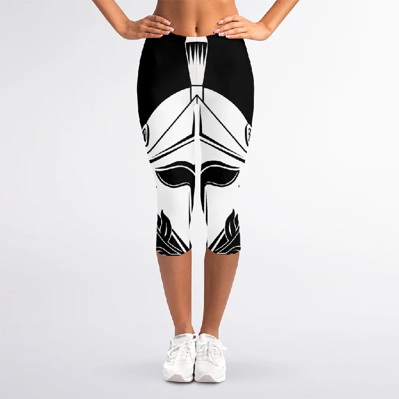 Black And White Spartan Helmet Print Women's Capri Leggings