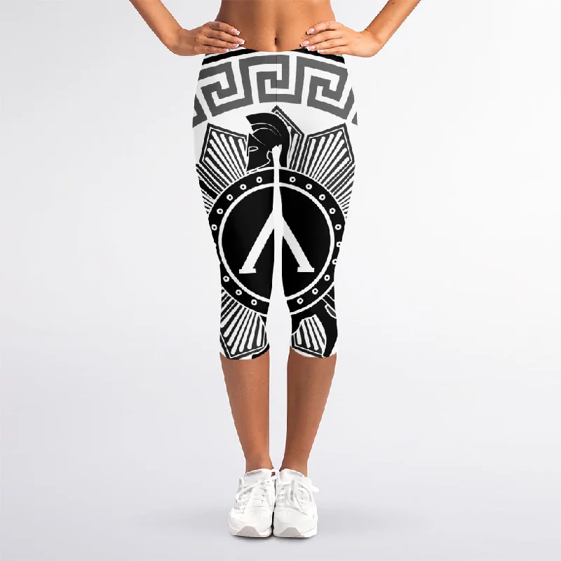 Black And White Spartan Warrior Print Women's Capri Leggings