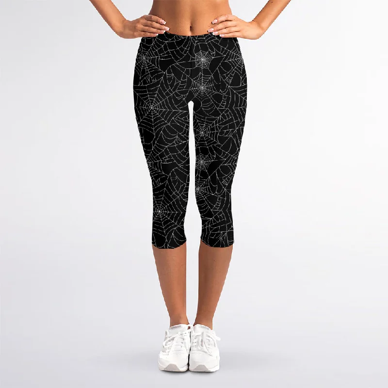 Black And White Spider Web Pattern Print Women's Capri Leggings