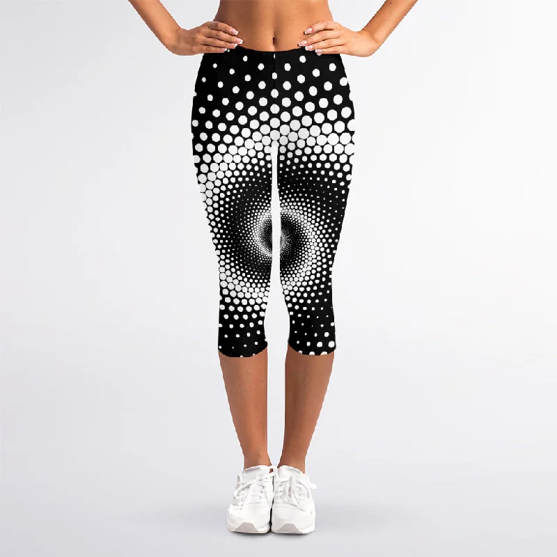 Black And White Spiral Dot Print Women's Capri Leggings