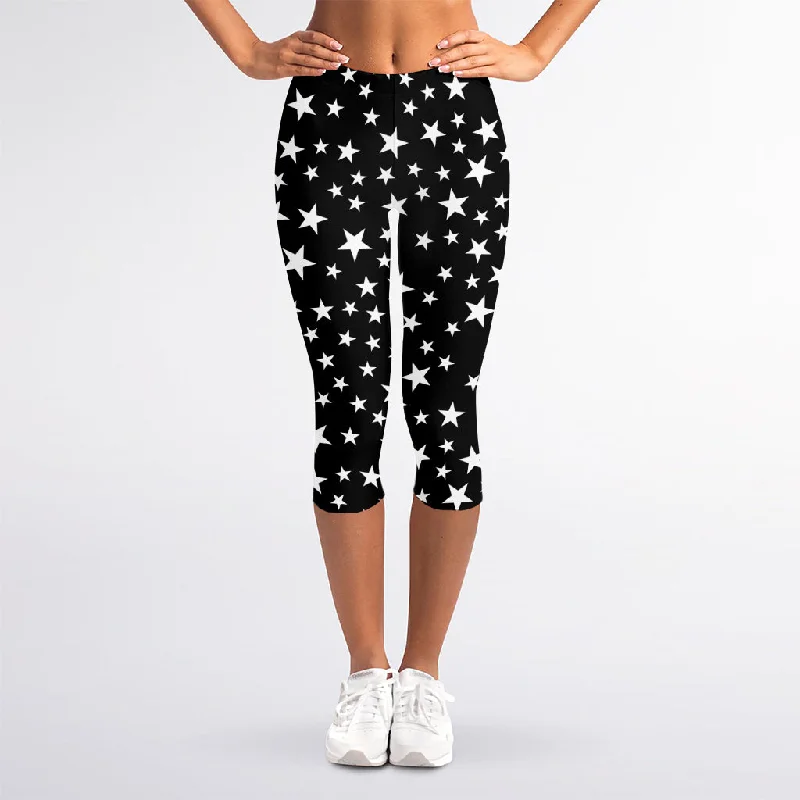 Black And White Star Pattern Print Women's Capri Leggings