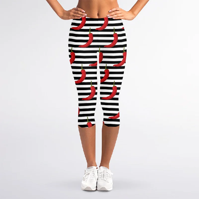 Black And White Striped Chili Print Women's Capri Leggings