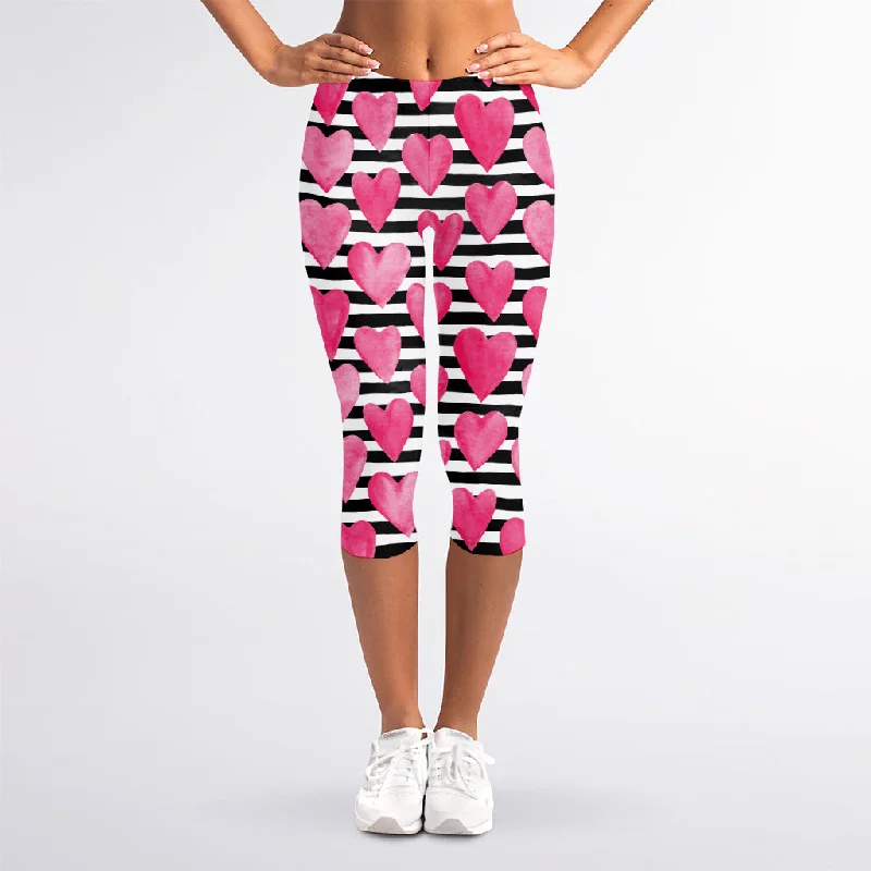 Black And White Striped Heart Print Women's Capri Leggings