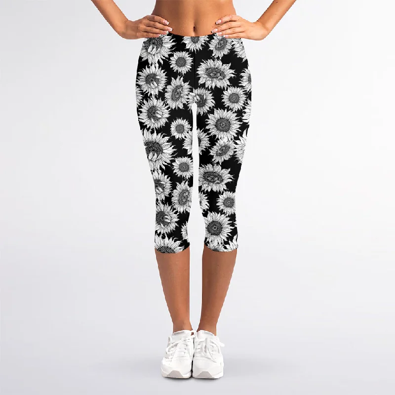 Black And White Sunflower Pattern Print Women's Capri Leggings