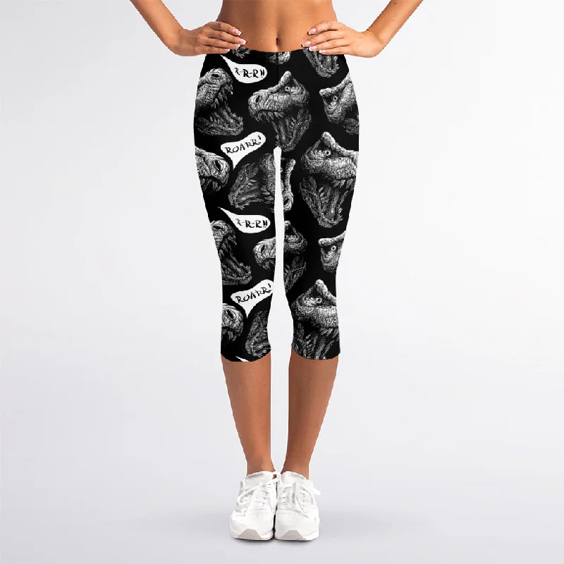 Black And White T-Rex Dinosaur Print Women's Capri Leggings