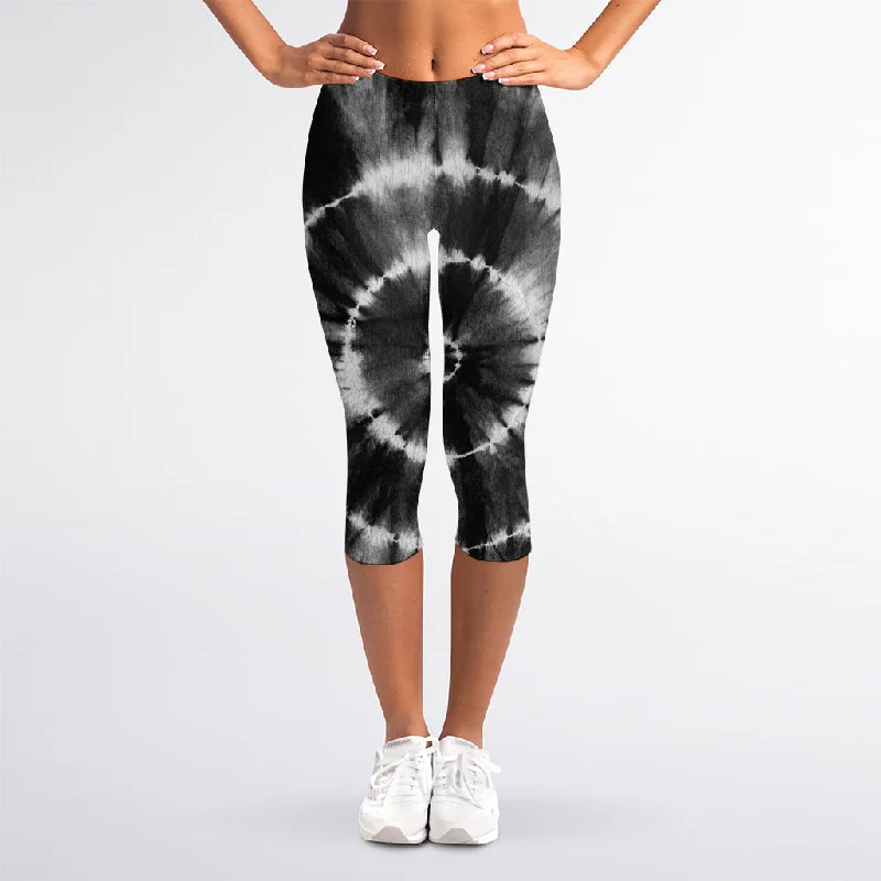 Black And White Tie Dye Print Women's Capri Leggings