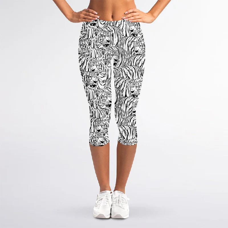 Black And White Tiger Pattern Print Women's Capri Leggings