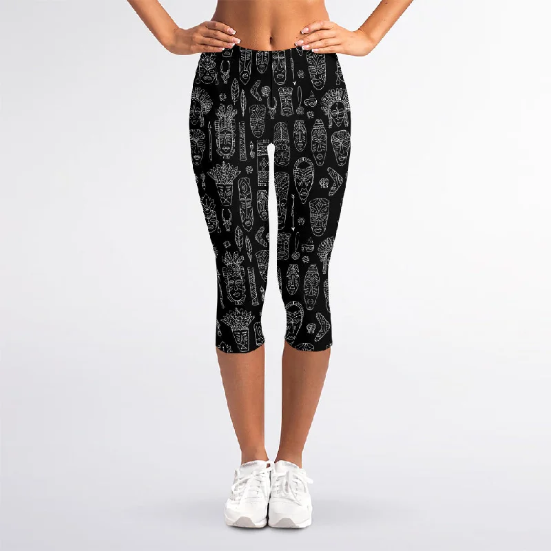 Black And White Totem Pattern Print Women's Capri Leggings