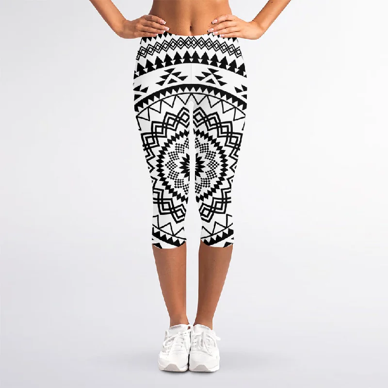 Black And White Tribal Mandala Print Women's Capri Leggings