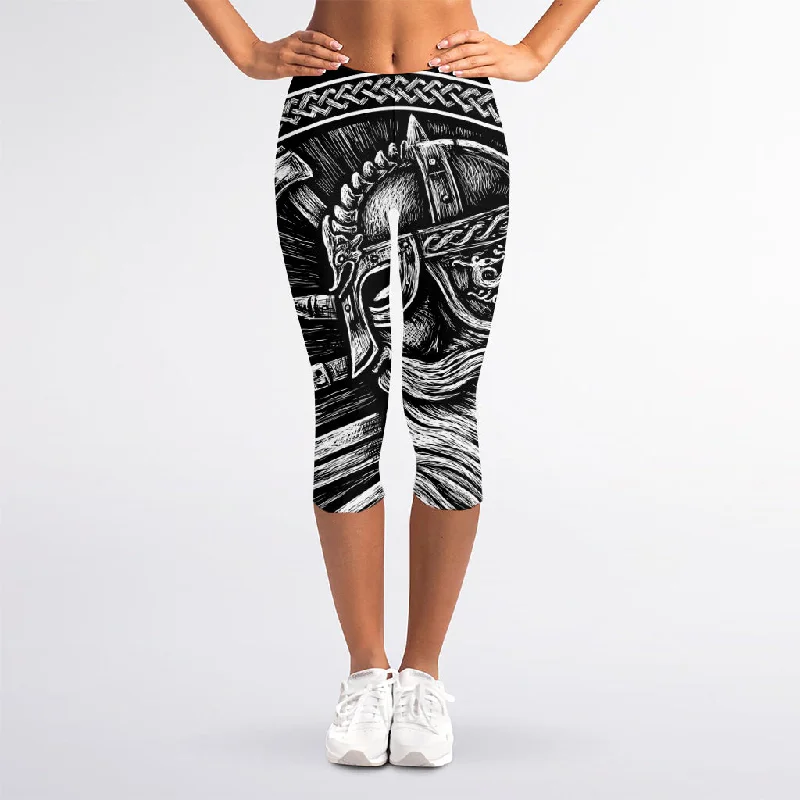 Black And White Viking God Odin Print Women's Capri Leggings