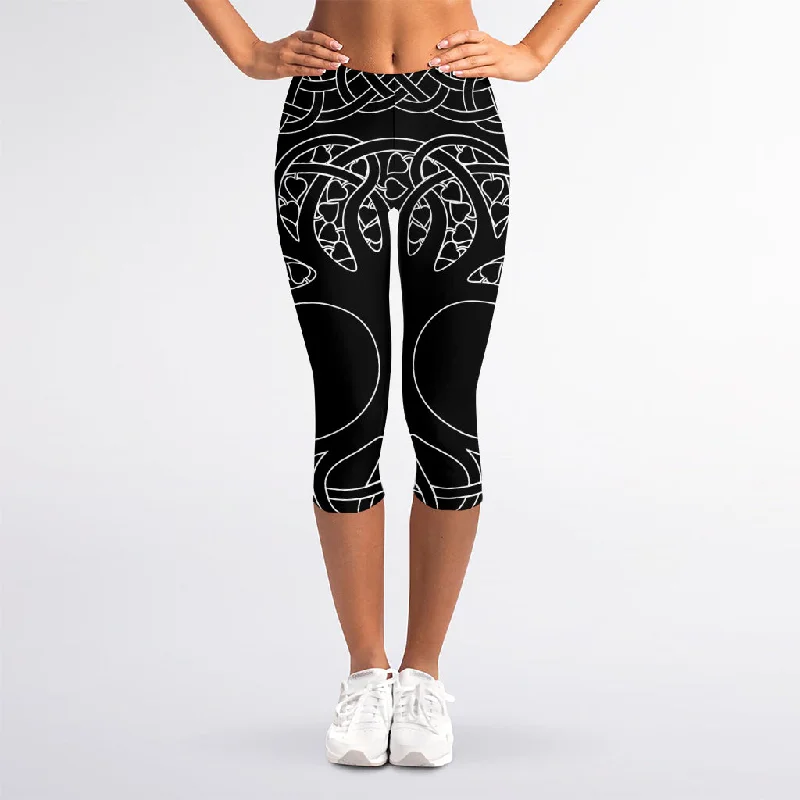 Black And White Viking Yggdrasil Print Women's Capri Leggings