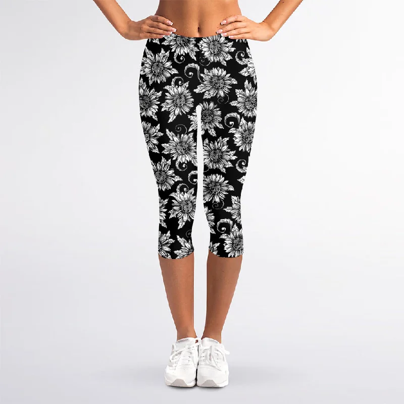 Black And White Vintage Sunflower Print Women's Capri Leggings