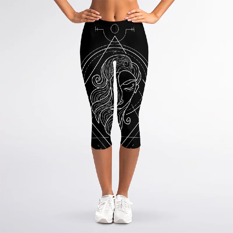 Black And White Virgo Sign Print Women's Capri Leggings