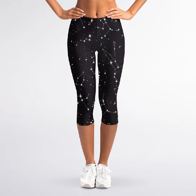 Black And White Zodiac Stars Print Women's Capri Leggings