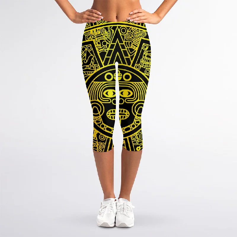 Black And Yellow Maya Calendar Print Women's Capri Leggings