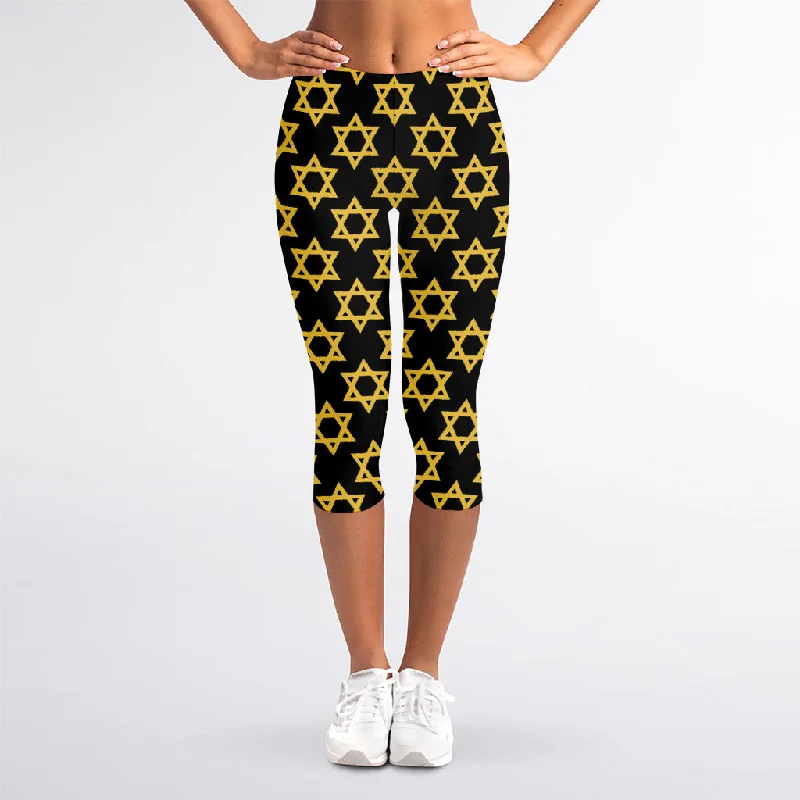 Black And Yellow Star of David Print Women's Capri Leggings