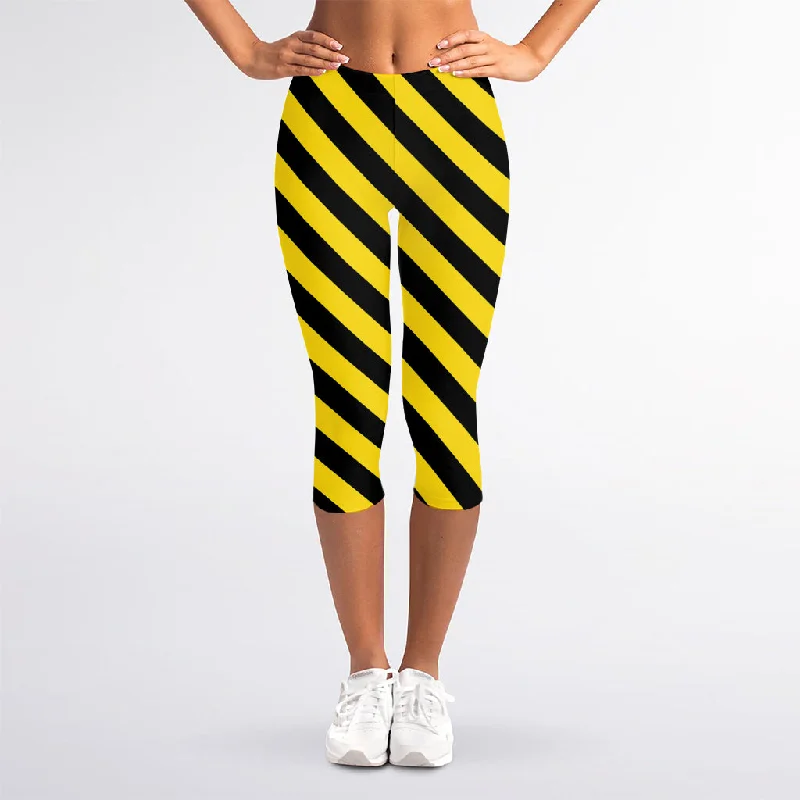 Black And Yellow Warning Striped Print Women's Capri Leggings