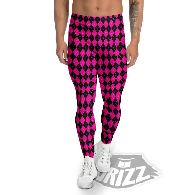 Black Argyle And Deep Pink Print Pattern Men's Leggings