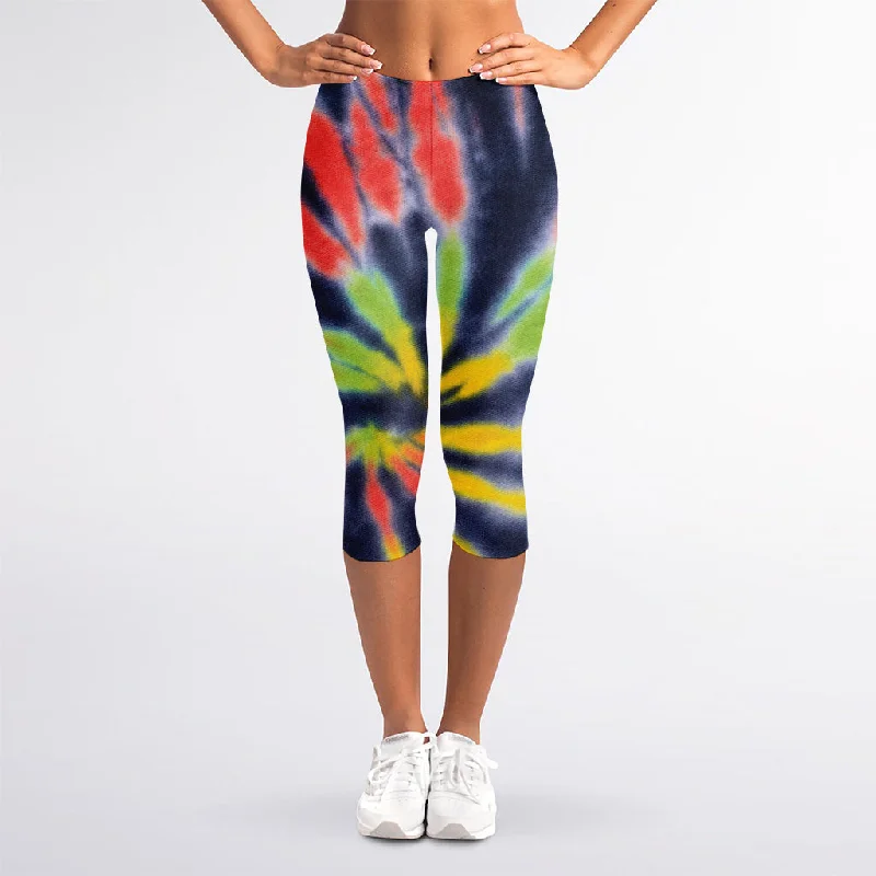 Black Backed Spiral Tie Dye Print Women's Capri Leggings