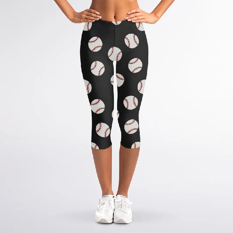 Black Baseball Pattern Print Women's Capri Leggings