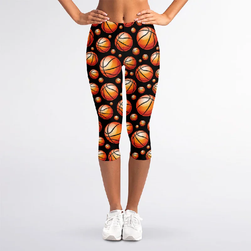 Black Basketball Pattern Print Women's Capri Leggings