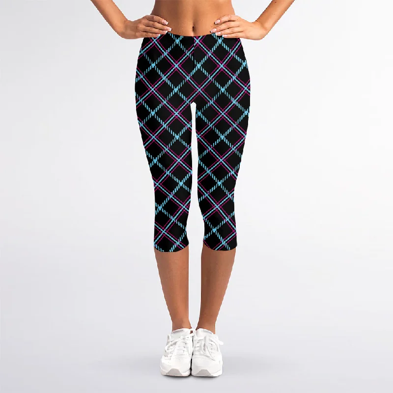 Black Blue And Pink Tartan Pattern Print Women's Capri Leggings