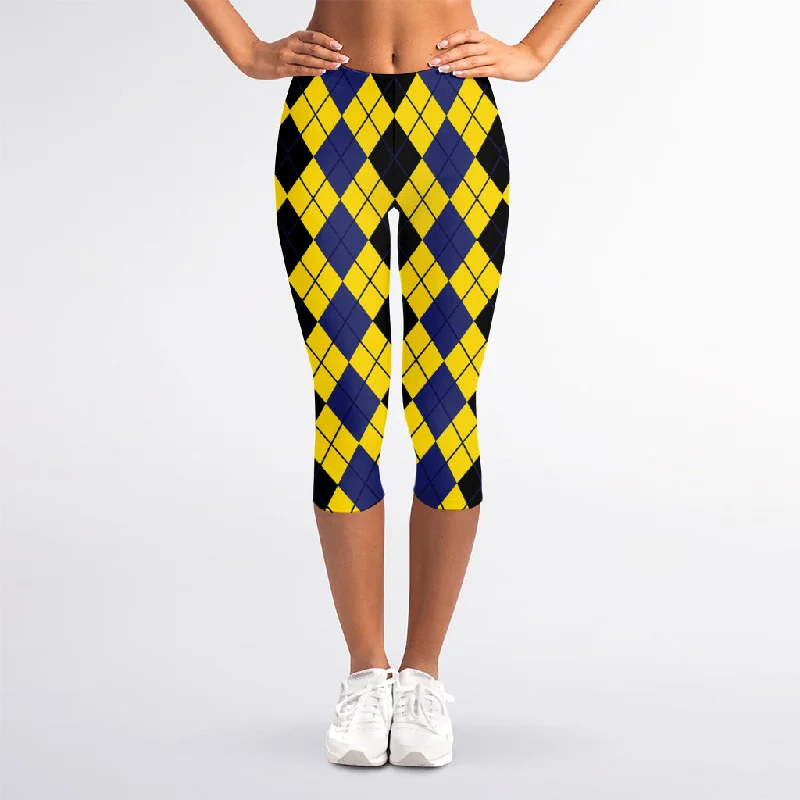 Black Blue And Yellow Argyle Print Women's Capri Leggings