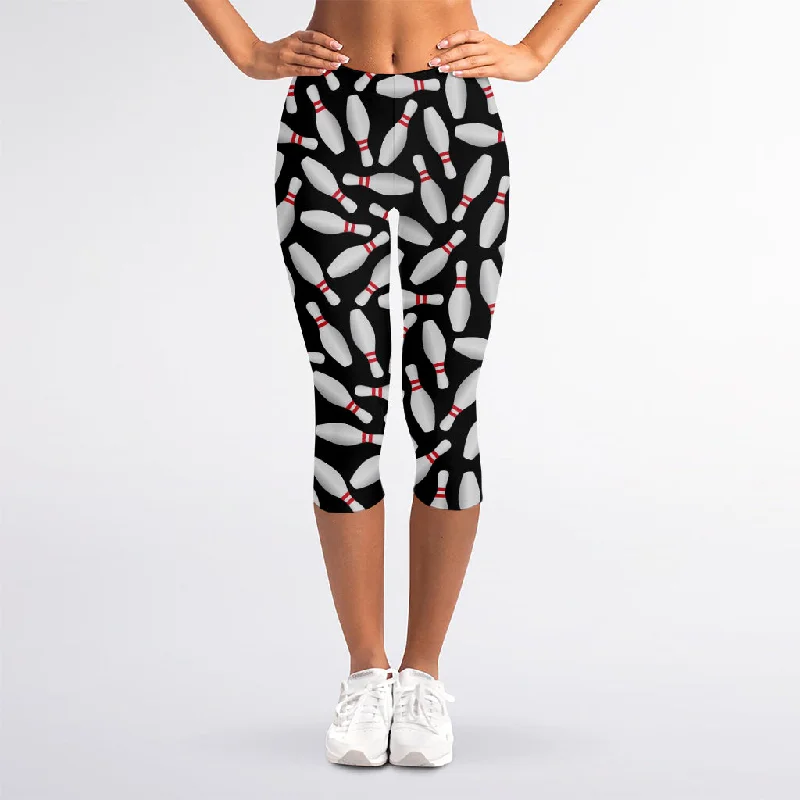 Black Bowling Pins Pattern Print Women's Capri Leggings