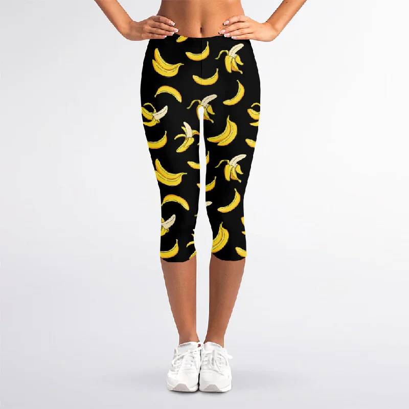 Black Cartoon Banana Pattern Print Women's Capri Leggings