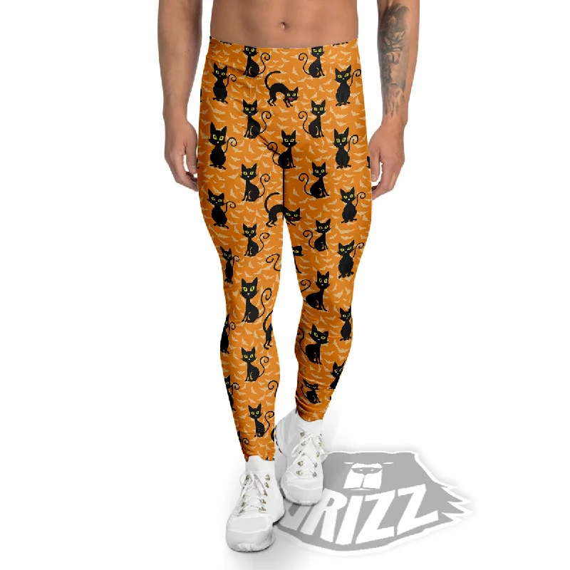 Black Cat Halloween Print Pattern Men's Leggings