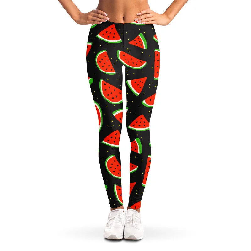 Black Cute Watermelon Pattern Print Women's Leggings