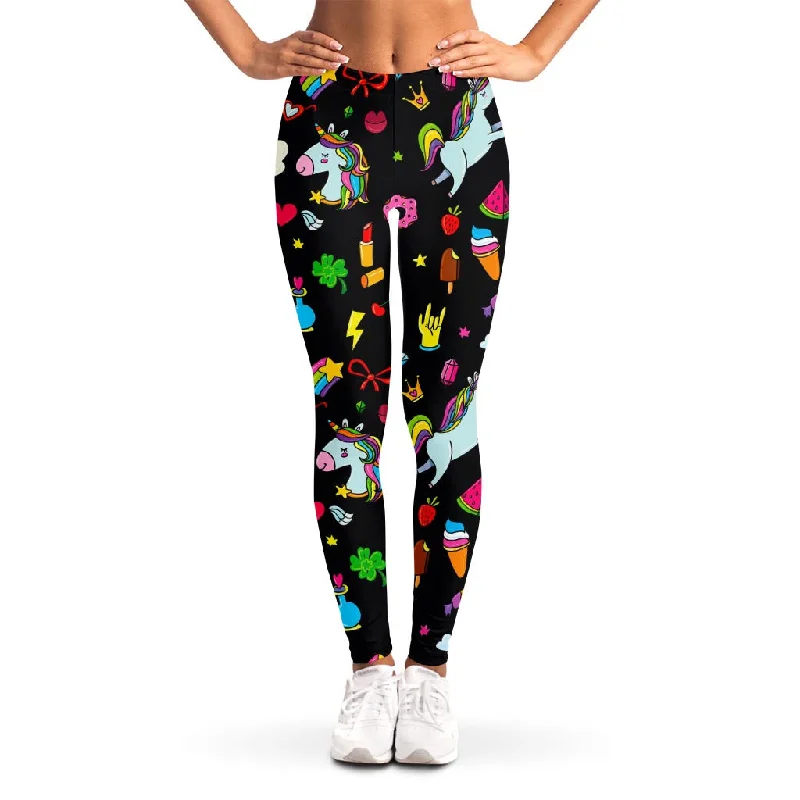 Black Girly Unicorn Pattern Print Women's Leggings