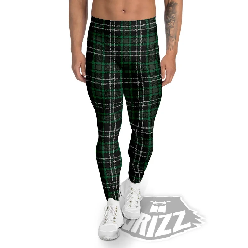 Black Green And White Tartan Print Men's Leggings