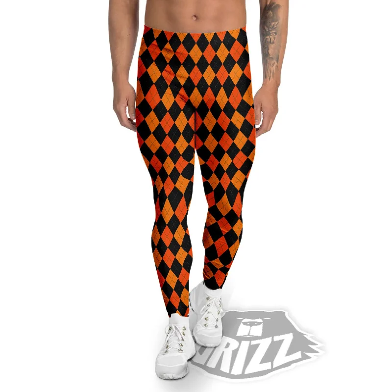 Black Halloween And Orange Argyle Print Men's Leggings