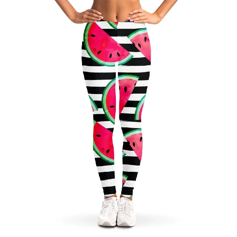 Black Striped Watermelon Pattern Print Women's Leggings